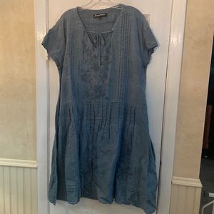 JP and Mattie Atelier Large blue midi dress pin tucks, short sleeves, 100% linen